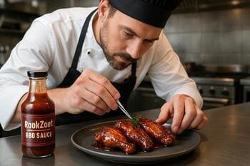 Chef dresseert gelakte kipwings op bord